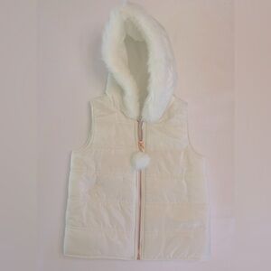 Girls White Puffy Vest with Faux Fur Hood Lining and Ball Zipper